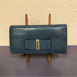Chloe Elegant Vintage Teal Leather Long Wallet with Bow Detail